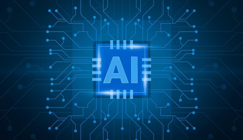 "AI" on a circuit chip with circuit lines in background
