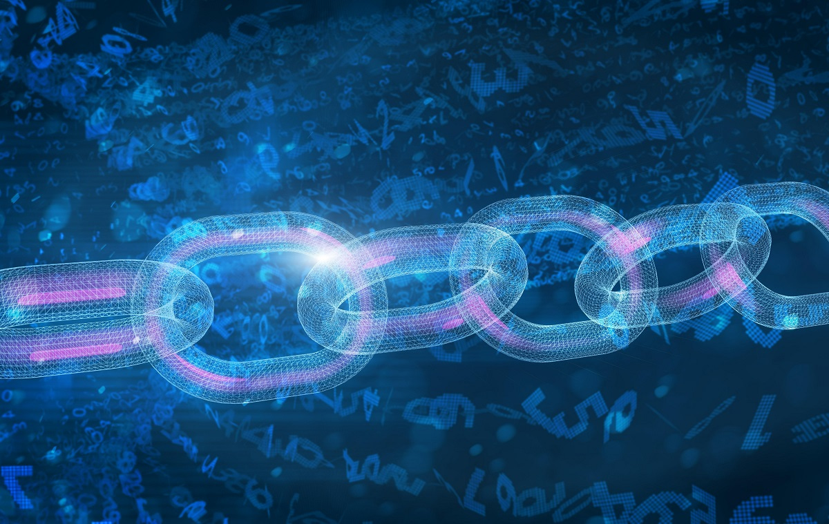 blue abstract chain with computer code blue abstract chain with computer code