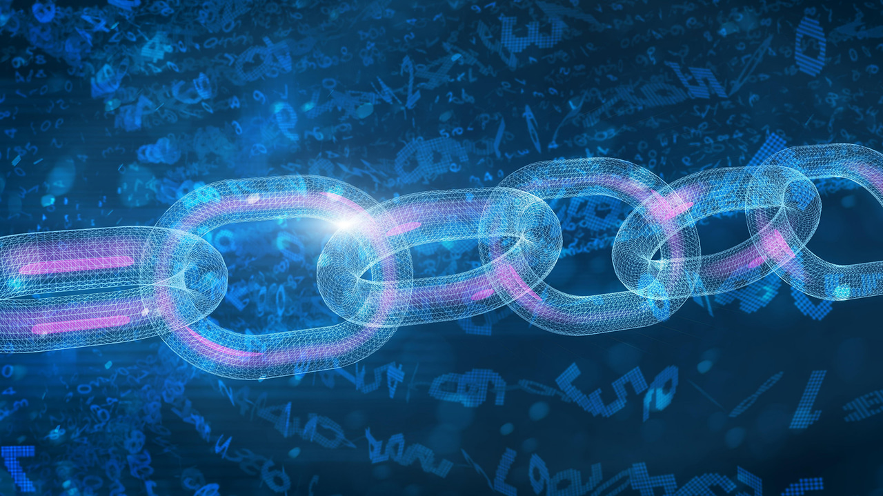 Concept art of chain formed from glowy blue numbers Concept art of chain formed from glowy blue numbers