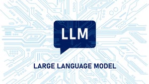"LLM" in a dialogue balloon, with "LARGE LANGUAGE MODEL" below; digital background