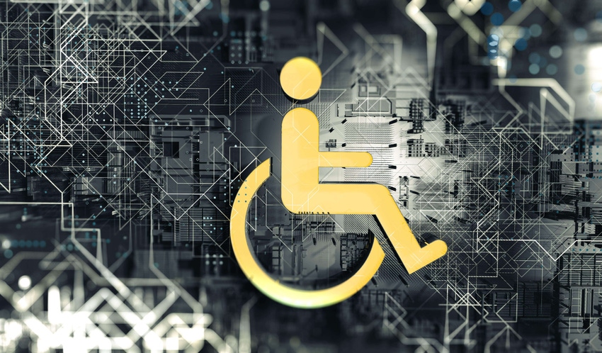 Wheelchair user accessibility symbol in yellow superimposed on gray circuitboard-like tech background