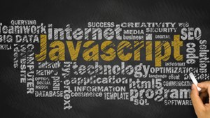The word Javacript in yellow surrounded by other tech words in white on a chalkboard