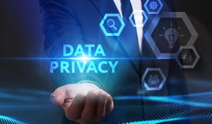 Man wearing suit and tie holds out right hand; above it floats the words "DATA PRIVACY"