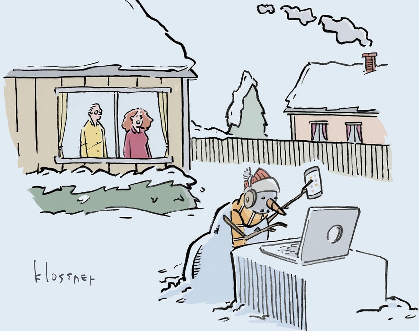 Caption contest for a cartoon of a snowman sitting outside using a laptop