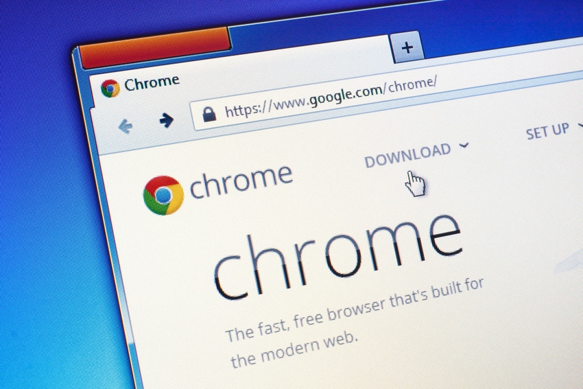 Upper left-hand corner of an open browser directed to the home page of Google Chrome with the Chrome Logo
