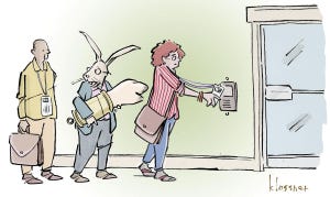 Caption contest: 2 people and a rabbit scanning badges to get into building, but rabbit's badge is rabbit's foot lucky charm