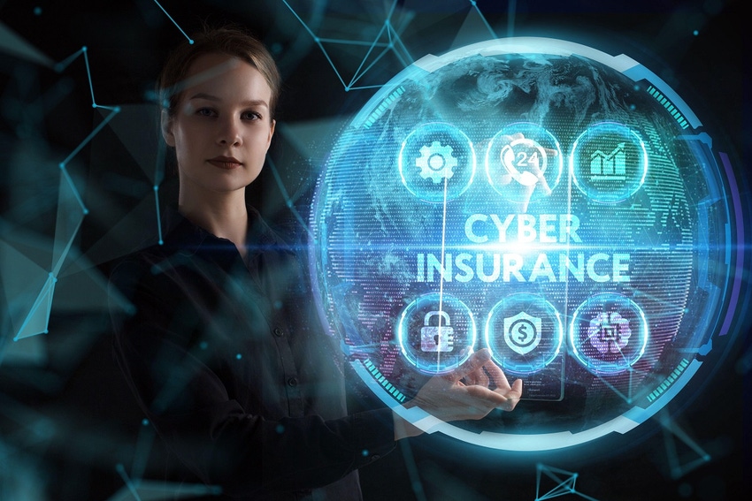 Woman standing next to a circle with the words "cyber insurance" in it