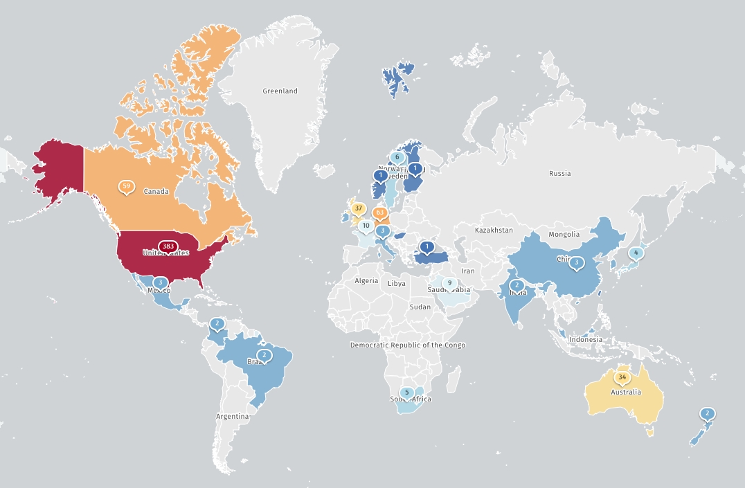 World map showing Kiteworks exposed IP addresses