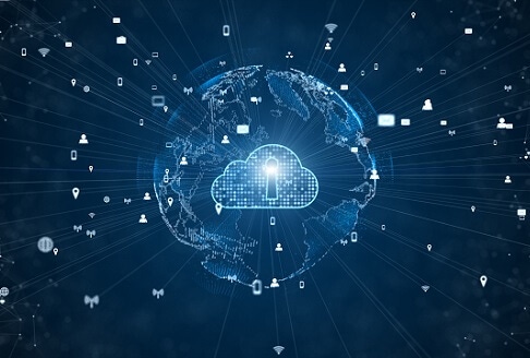image of a digital cloud with a lock in it's center in front of a globe.