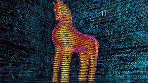 A trojan horse made up of yellow, pink, and red binary code in front of a background made of of blue and green symbols and equations A trojan horse made up of yellow, pink, and red binary code in front of a background made of of blue and green symbols and equations