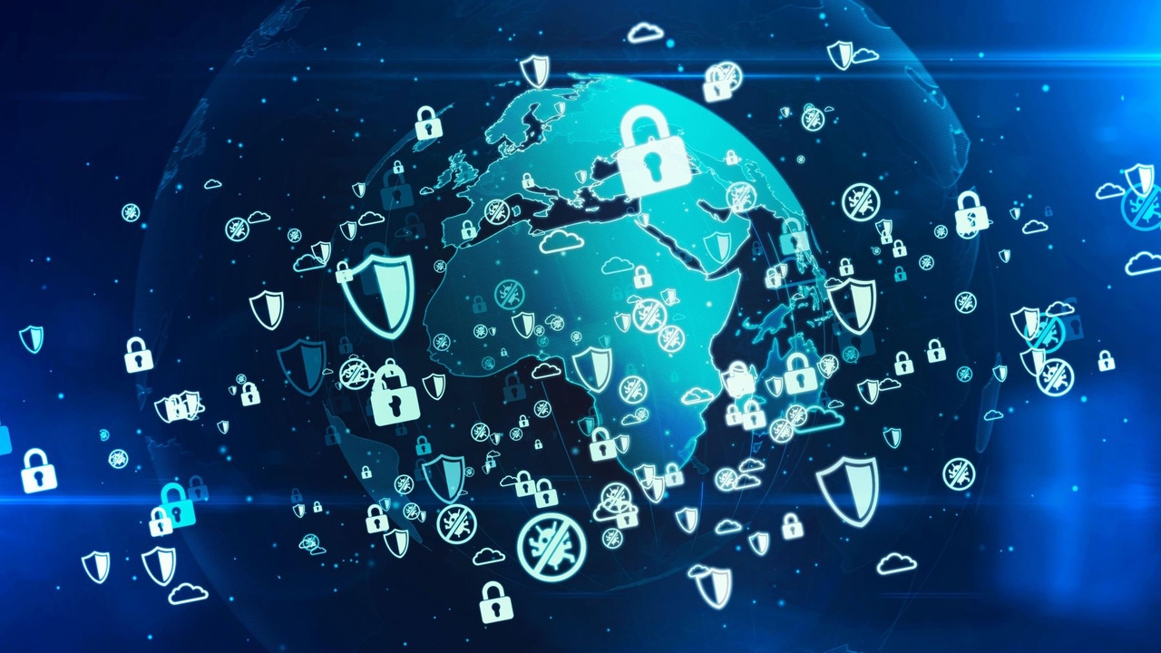 Earth, viewed from space, with cybersecurity symbols floating around it Earth, viewed from space, with cybersecurity symbols floating around it
