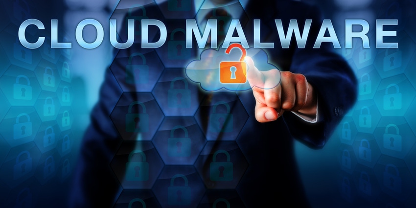 image of man pressing finger against open lock with the words cloud malware in the foreground