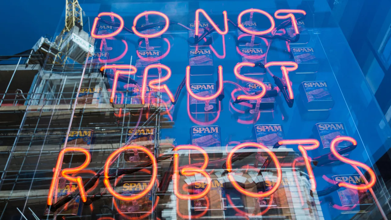 "DO NOT TRUST ROBOTS"と書かれたネオンサイン "DO NOT TRUST ROBOTS"と書かれたネオンサイン