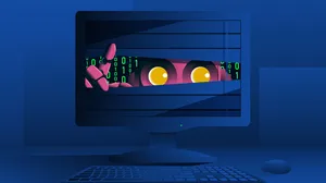 A robot peeking through blinds from a computer screen. A robot peeking through blinds from a computer screen.