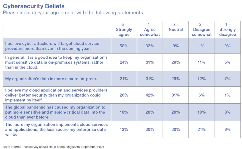 Table of IT professionals' responses to cloud security questions, labeled as Cybersecurity Beliefs
