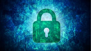 Padlock (in green) on a blue digital background with various symbols floating behind it