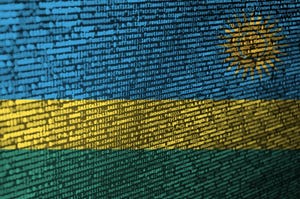 The Rwandan flag with code running over it