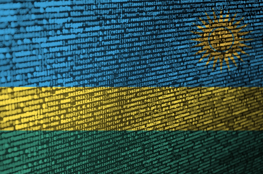 The Rwandan flag with code running over it