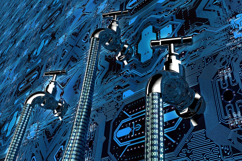 3D illustration of data leakage: three faucets attached to circuitry texture with streams of binary code running
