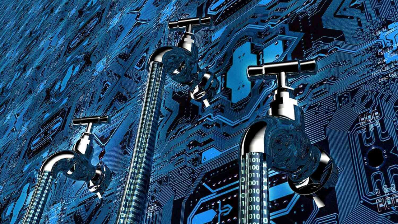 Three faucets with data in 0 and 1 flowing out of the tap. Three faucets with data in 0 and 1 flowing out of the tap.
