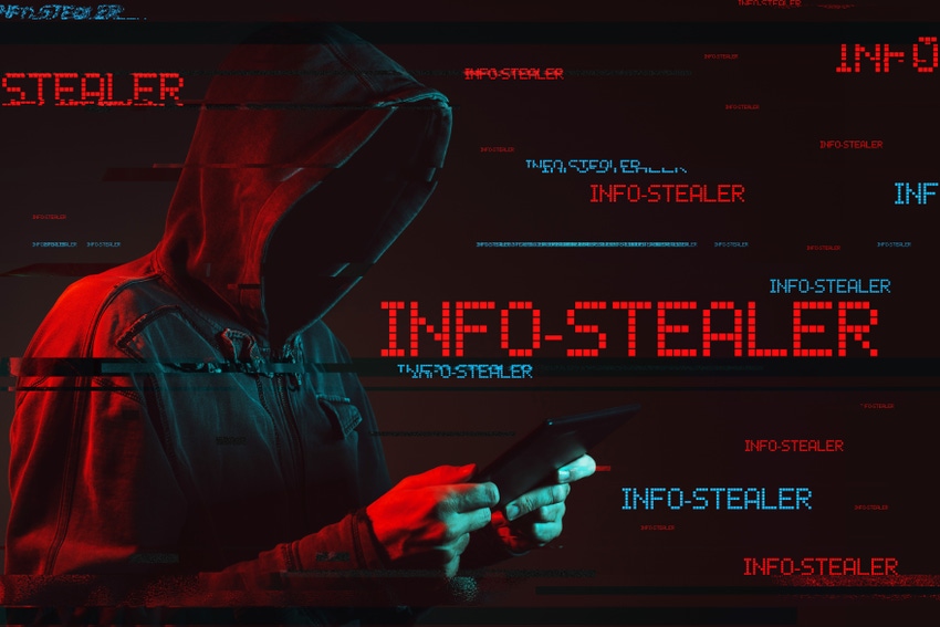 information stealer concept with faceless hooded male person, low key red and blue lit image and digital glitch effect
