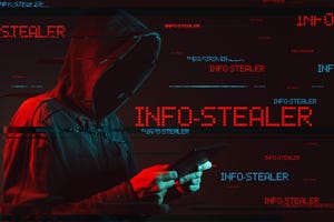 information stealer concept with faceless hooded male person, low key red and blue lit image and digital glitch effect