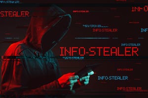 A person in a hooded jacket holding a tablet with the word "info-stealer" written in red large print and the same word smaller print