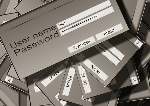 Illustration of a pile of password-based login boxes, monochrome
