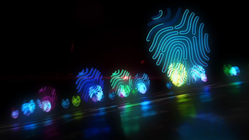 Colorful digital fingerprints against black background