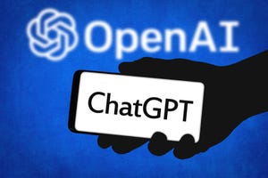 Image shows "OpenAI" across the top against a blue background above a hand holding a mobile phone with "ChatGPT" on the screen