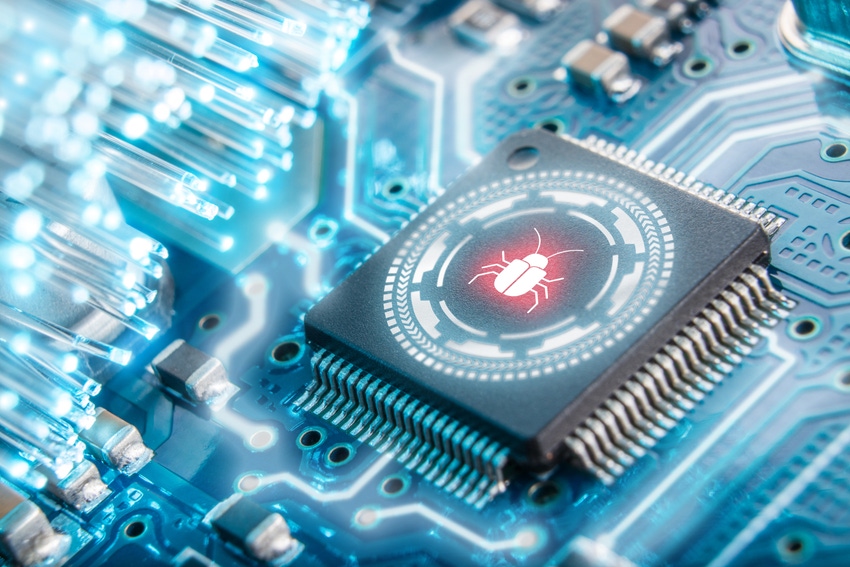 Illustration of a blue-glowing circuit board whose CPU has a glowing red bug on it