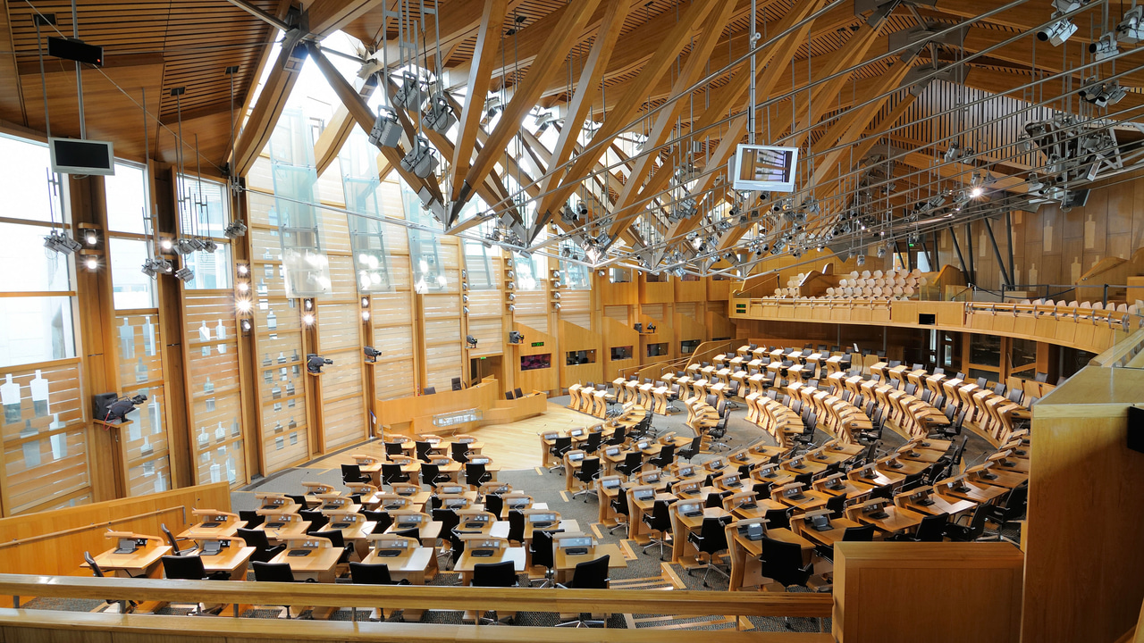 The Debating Chamber of the Scottish Parliament in Holyrood, Edinburgh, Scotland The Debating Chamber of the Scottish Parliament in Holyrood, Edinburgh, Scotland