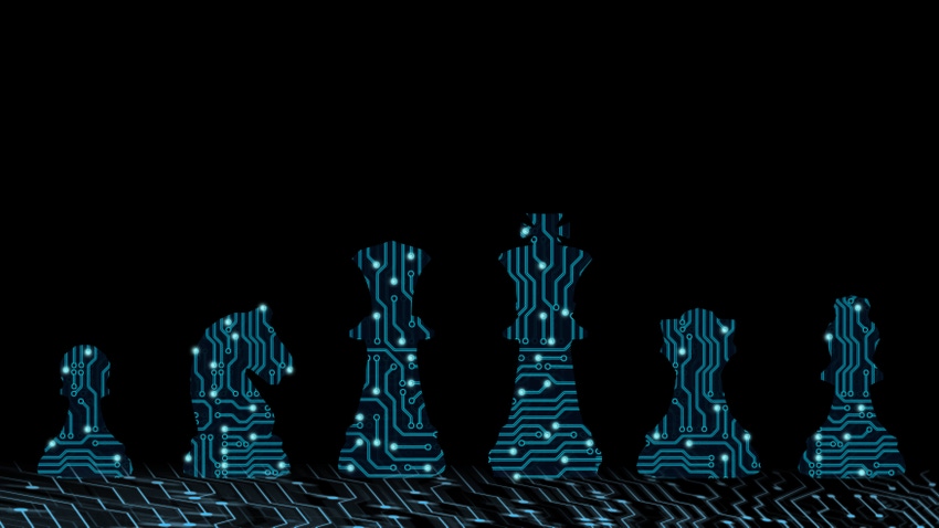 Digital AI strategy illustration of virtual circuit-board-looking chess pieces king, queen, and knight.