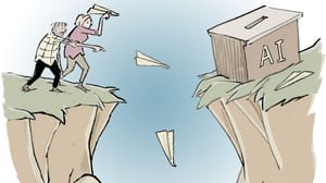 Caption contest for 2 people on mountain flying paper planes to box labeled AI on another mountain. Planes are missing & falling between mountains. Caption contest for 2 people on mountain flying paper planes to box labeled AI on another mountain. Planes are missing & falling between mountains.