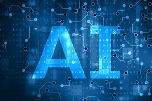 The letters "AI" in blue against a background of ones and zeroes