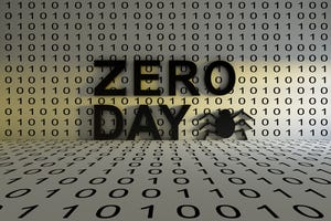 The words "Zero Day" and bug drawing all in black on a white blackdrop on which black zeroes and ones are written