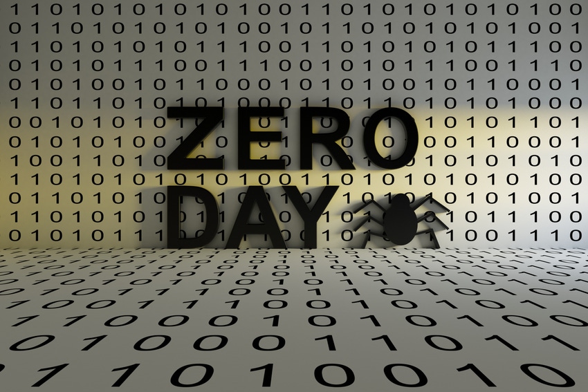 Illustration reading "Zero-Day Exploit" with a stylized bug and binary code