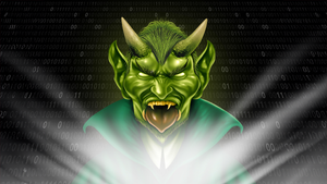 A green goblin in a cloak sticks his tongue out amid binary code