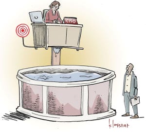 Create a caption for image of CISO behind desk that is situated at the top of a dunking pool.