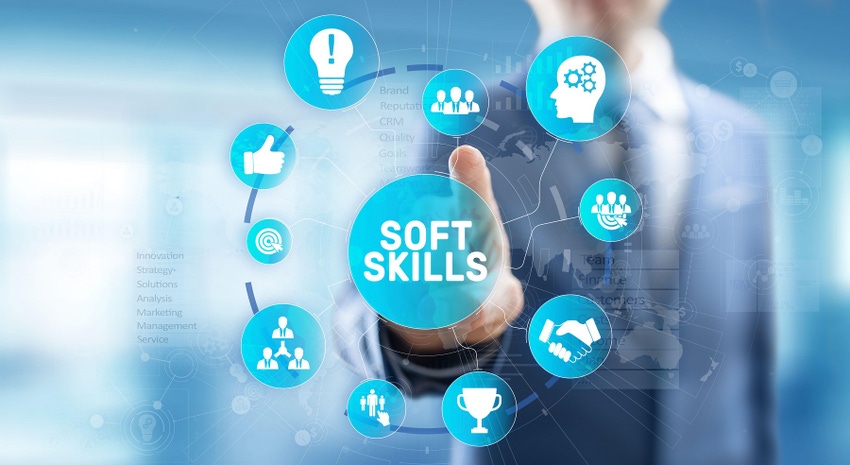 The words "Soft skills" in the middle, surrounded by icons illustrating the concept