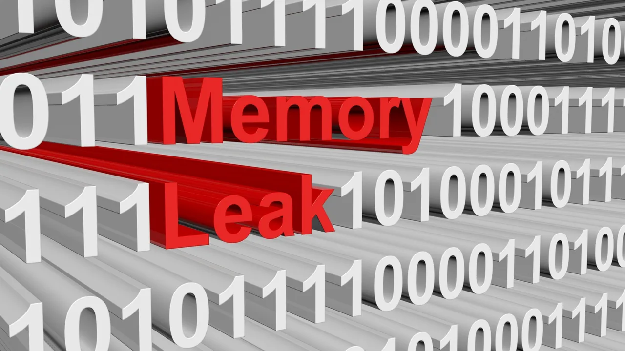 白いバイナリコードの線とともに赤字で「Memory Leak」という文字 白いバイナリコードの線とともに赤字で「Memory Leak」という文字