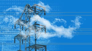 Photo of electrical tower with power lines against a blue sky with wispy white clouds, overlaid with computer code