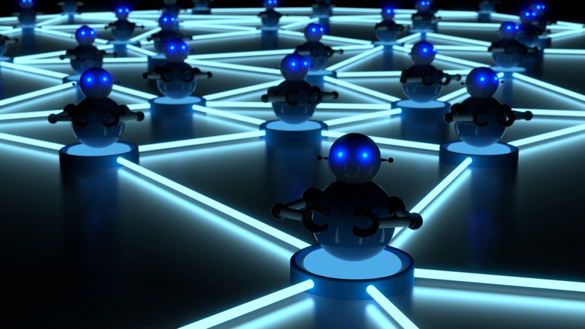 Network of blue platforms in the dark with bots on top botnet cybersecurity concept 3D illustration