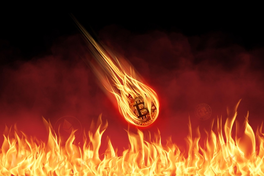 Bitcoin on fire falling into flames