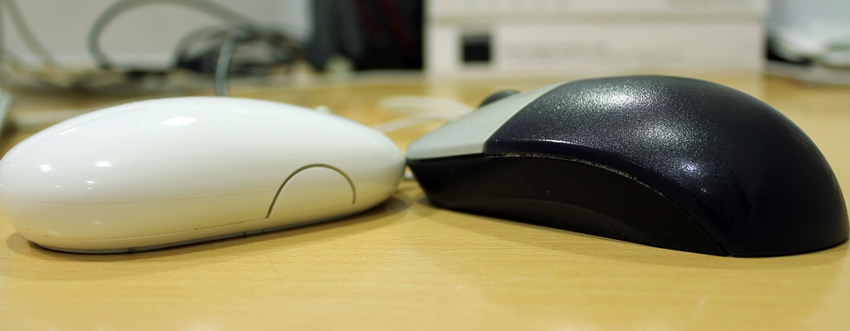 Two computer mice, one white, one black
