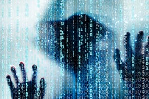 Ghostly figure behind a screen of binary code