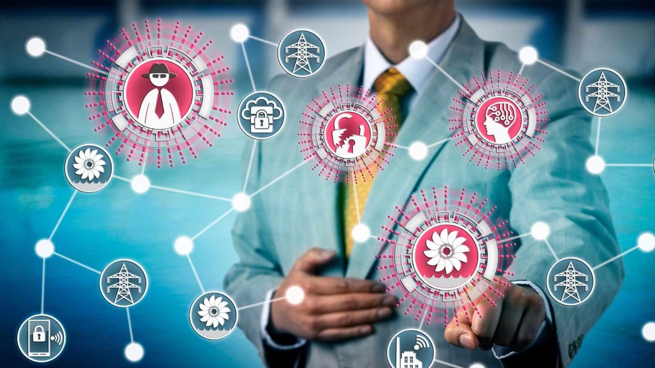 a person in a suit looking at a screen of indicators and icons showing threats and networks a person in a suit looking at a screen of indicators and icons showing threats and networks