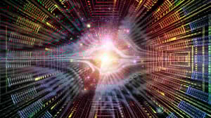 A spark of bright light in colored rings and against a dark background A spark of bright light in colored rings and against a dark background