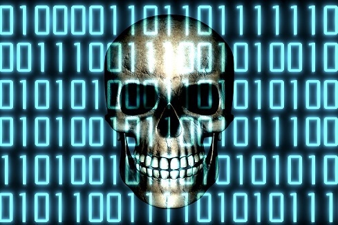 Image of a skeleton head atop zeros and ones depicting evil code