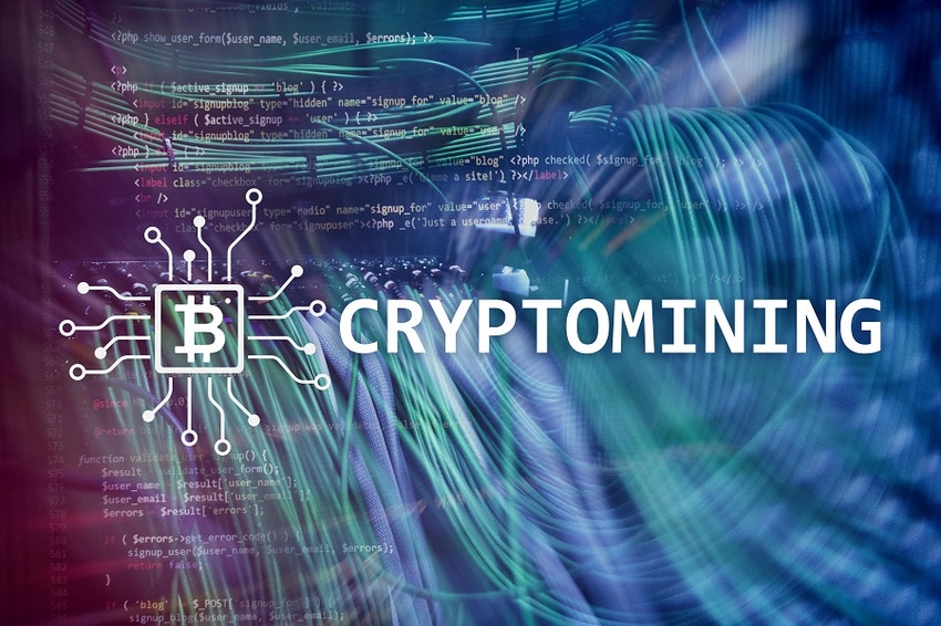 The word "cryptomining" on a digital background.